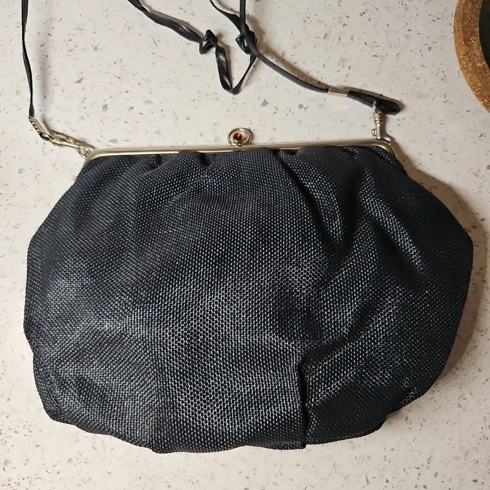 Vintage Italian Structured Frame Purse – Black Woven Fabric & Silvertone Hardwar